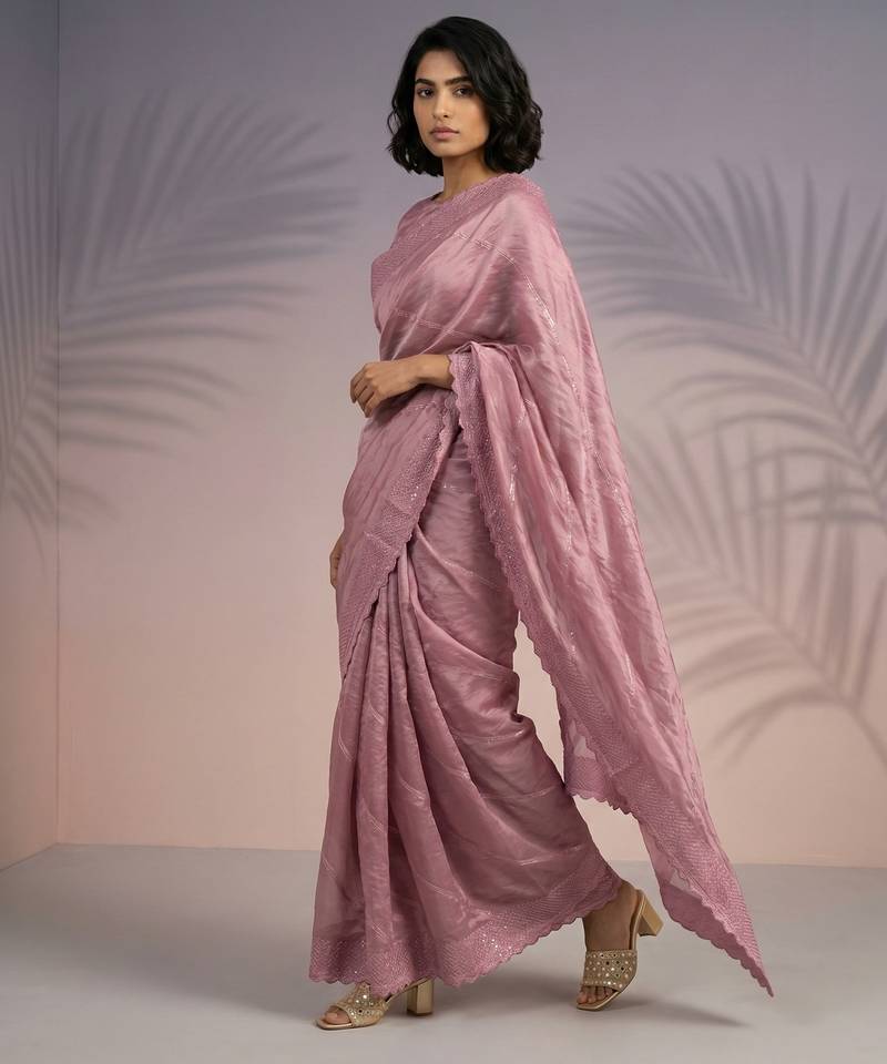 Peach thread & sequin embroidery border work organza silk  