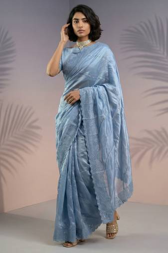 Blue thread & sequin embroidery border work organza silk  