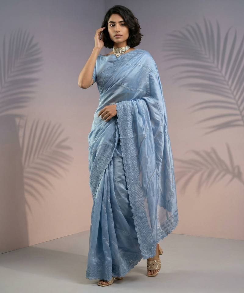 Blue thread & sequin embroidery border work organza silk  