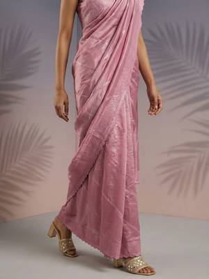 Peach thread & sequin embroidery border work organza silk   4