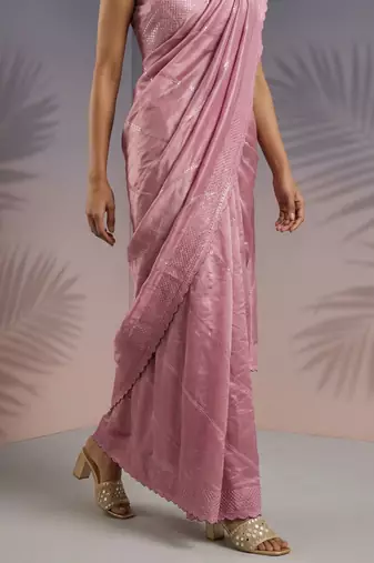 Peach thread & sequin embroidery border work organza silk  