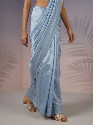 Blue thread & sequin embroidery border work organza silk   4