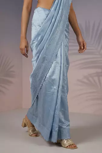 Blue thread & sequin embroidery border work organza silk  
