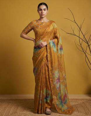Orange multicolor floral print digital print work silk blend   1