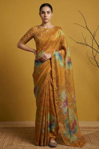 Orange multicolor floral print digital print work silk blend fabric