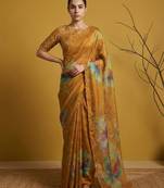 Orange multicolor floral print digital print work silk blend  