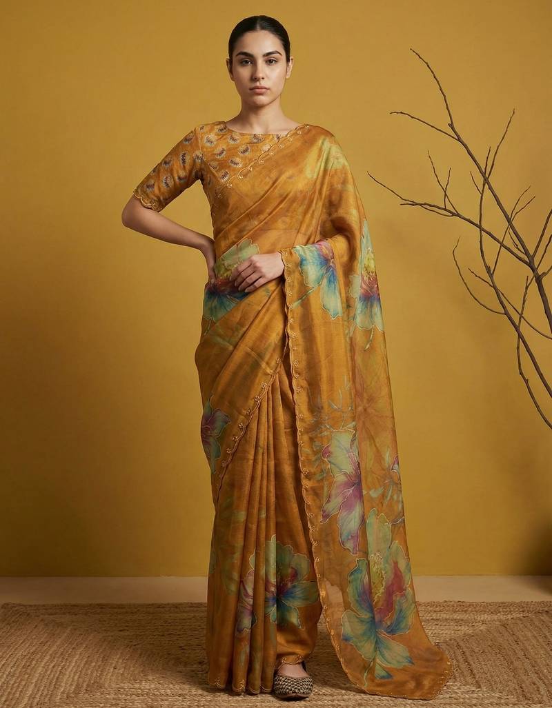 Orange multicolor floral print digital print work silk blend  