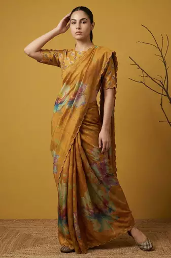 Orange multicolor floral print digital print work silk blend  