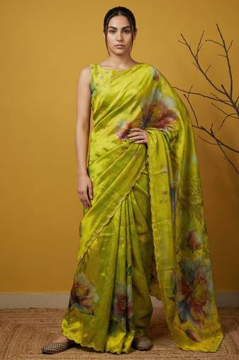 Light yellow multicolor floral print digital print work silk blend fabric