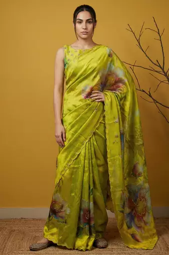 Light yellow multicolor floral print digital print work silk blend  