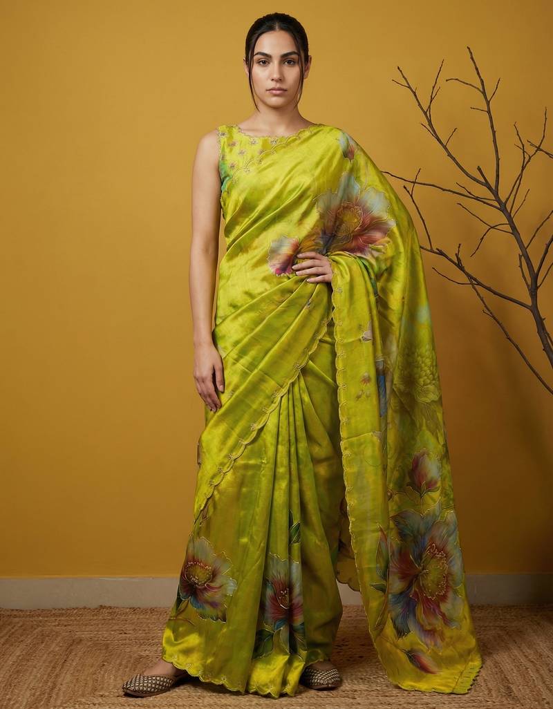 Light yellow multicolor floral print digital print work silk blend  