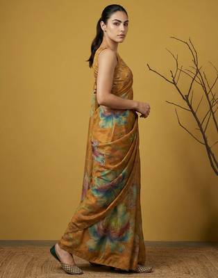 Orange multicolor floral print digital print work silk blend   3