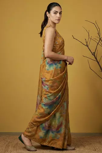 Orange multicolor floral print digital print work silk blend  