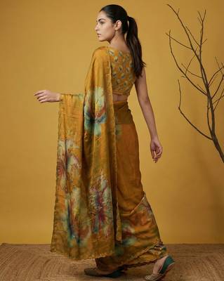 Orange multicolor floral print digital print work silk blend   4