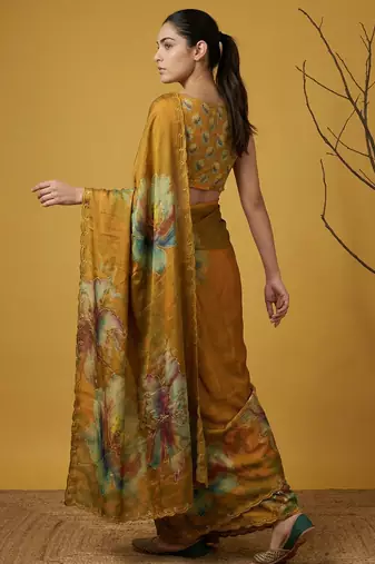 Orange multicolor floral print digital print work silk blend  