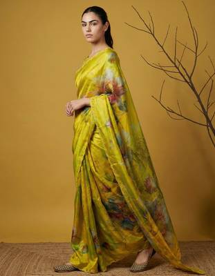Light yellow multicolor floral print digital print work silk blend   2
