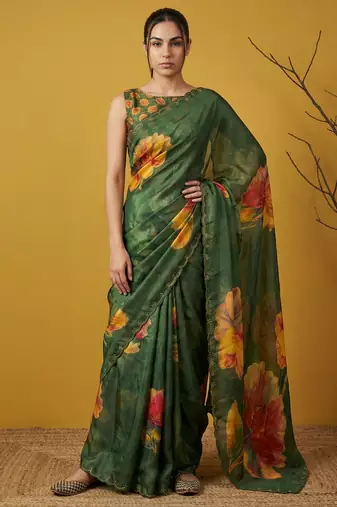 Green multicolor floral print digital print work silk blend  