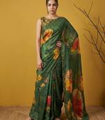 Green multicolor floral print digital print work silk blend  