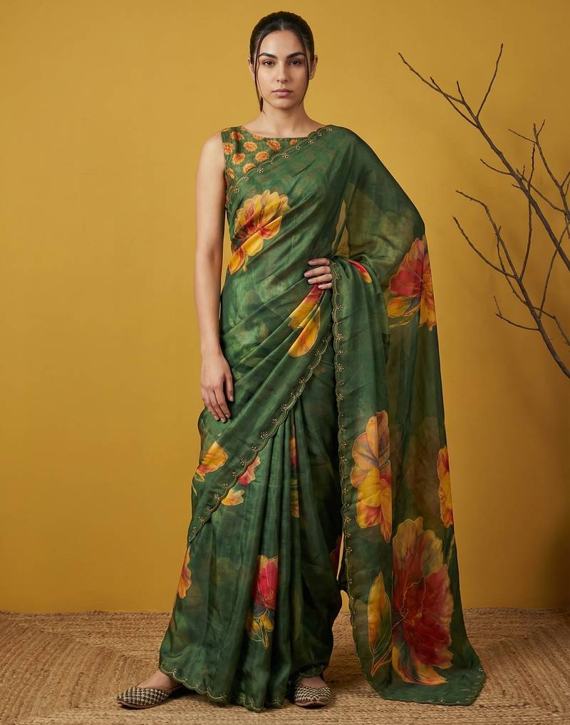 Green multicolor floral print digital print work silk blend fabric