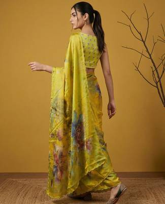 Light yellow multicolor floral print digital print work silk blend   3