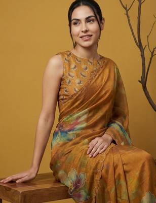 Orange multicolor floral print digital print work silk blend   5