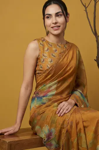 Orange multicolor floral print digital print work silk blend  