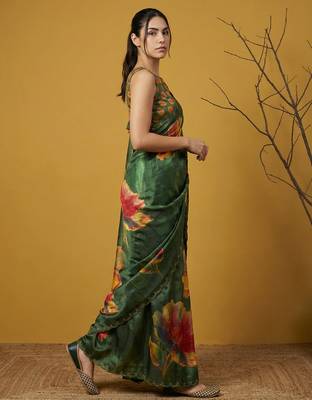 Green multicolor floral print digital print work silk blend   2