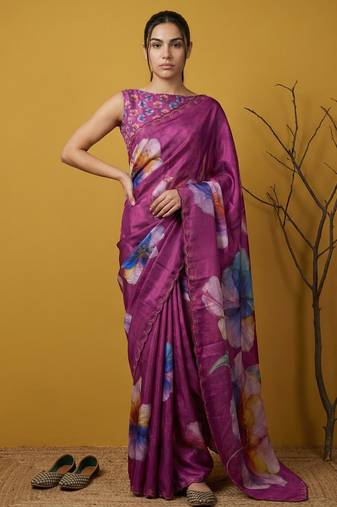 Magenta multicolor floral print digital print work silk blend fabric