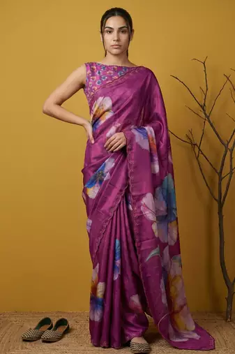 Magenta multicolor floral print digital print work silk blend  