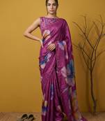 Magenta multicolor floral print digital print work silk blend  
