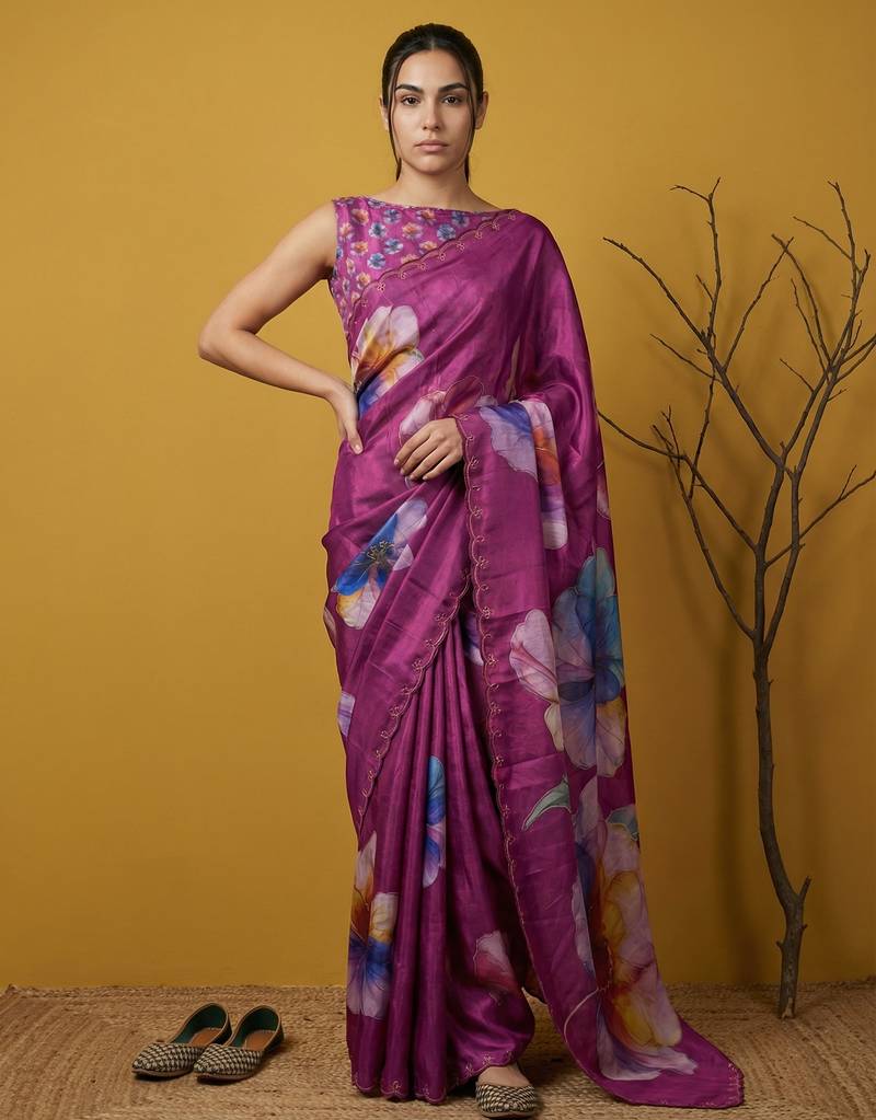 Magenta multicolor floral print digital print work silk blend  