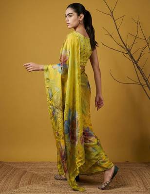 Light yellow multicolor floral print digital print work silk blend   4