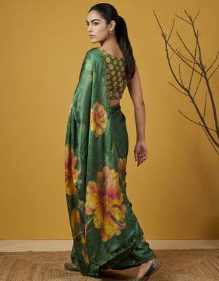 Green multicolor floral print digital print work silk blend   3