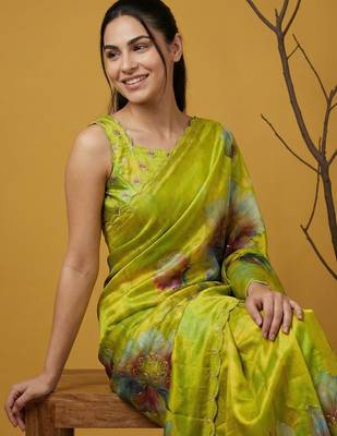 Light yellow multicolor floral print digital print work silk blend   5