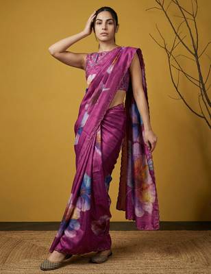 Magenta multicolor floral print digital print work silk blend   2