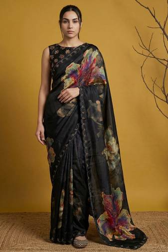 Black with multicolor floral print digital print work silk blend fabric