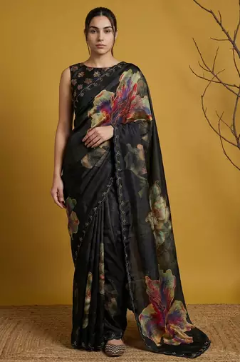 Black with multicolor floral print digital print work silk blend  