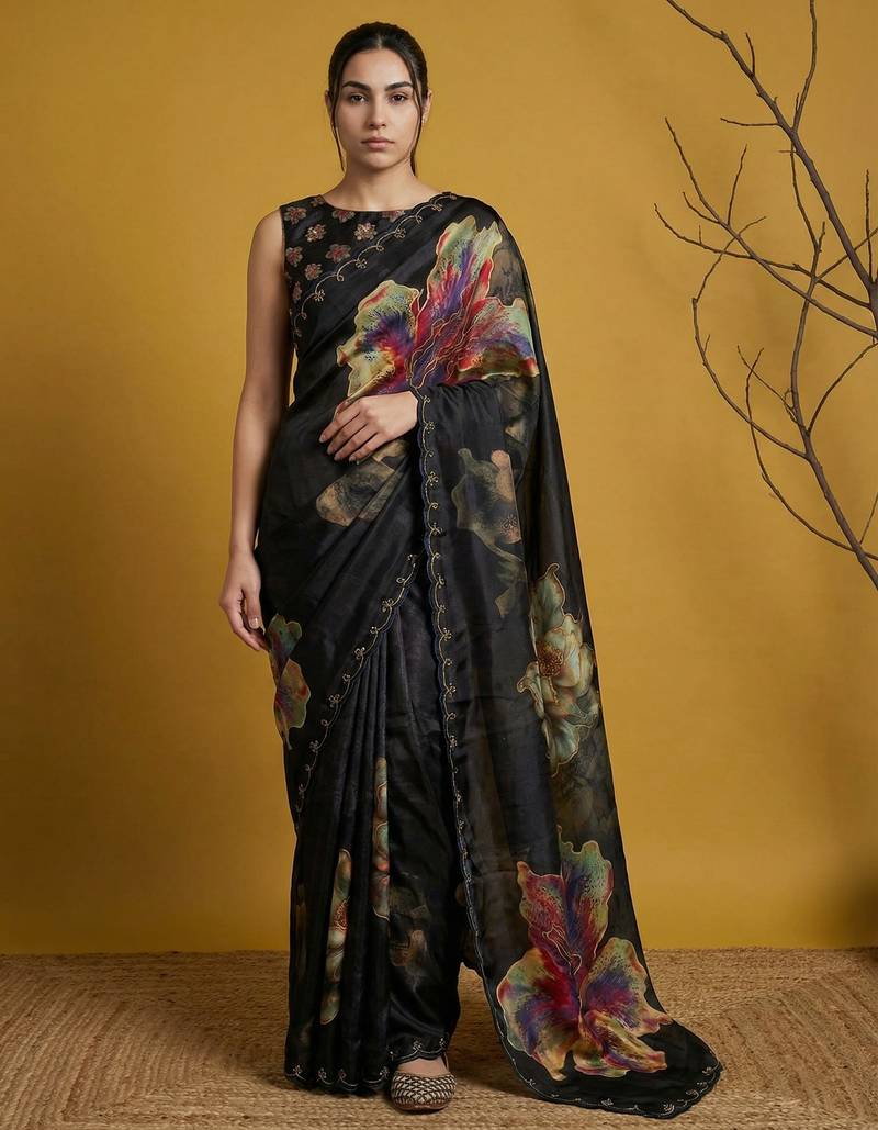 Black with multicolor floral print digital print work silk blend fabric