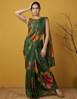 Green multicolor floral print digital print work silk blend   4