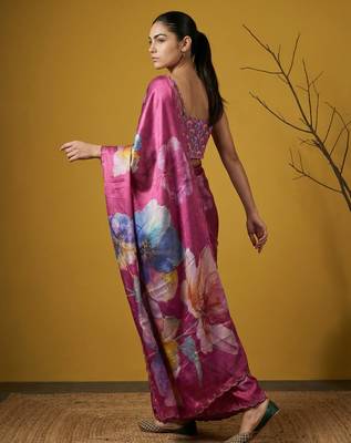 Magenta multicolor floral print digital print work silk blend   3