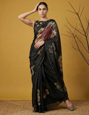 Black with multicolor floral print digital print work silk blend   2