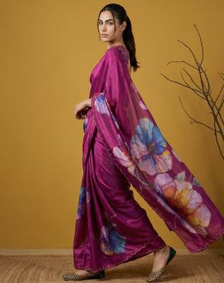 Magenta multicolor floral print digital print work silk blend   4