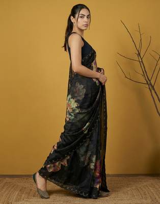 Black with multicolor floral print digital print work silk blend   3