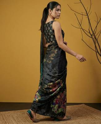 Black with multicolor floral print digital print work silk blend   4