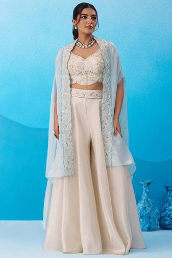 Cream viscoce beads embroidered crop top with flared cape & palazzo set