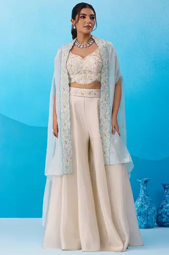 Cream viscoce beads embroidered crop top with flared cape & palazzo set