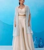 Cream viscoce beads embroidered crop top with flared cape & palazzo set