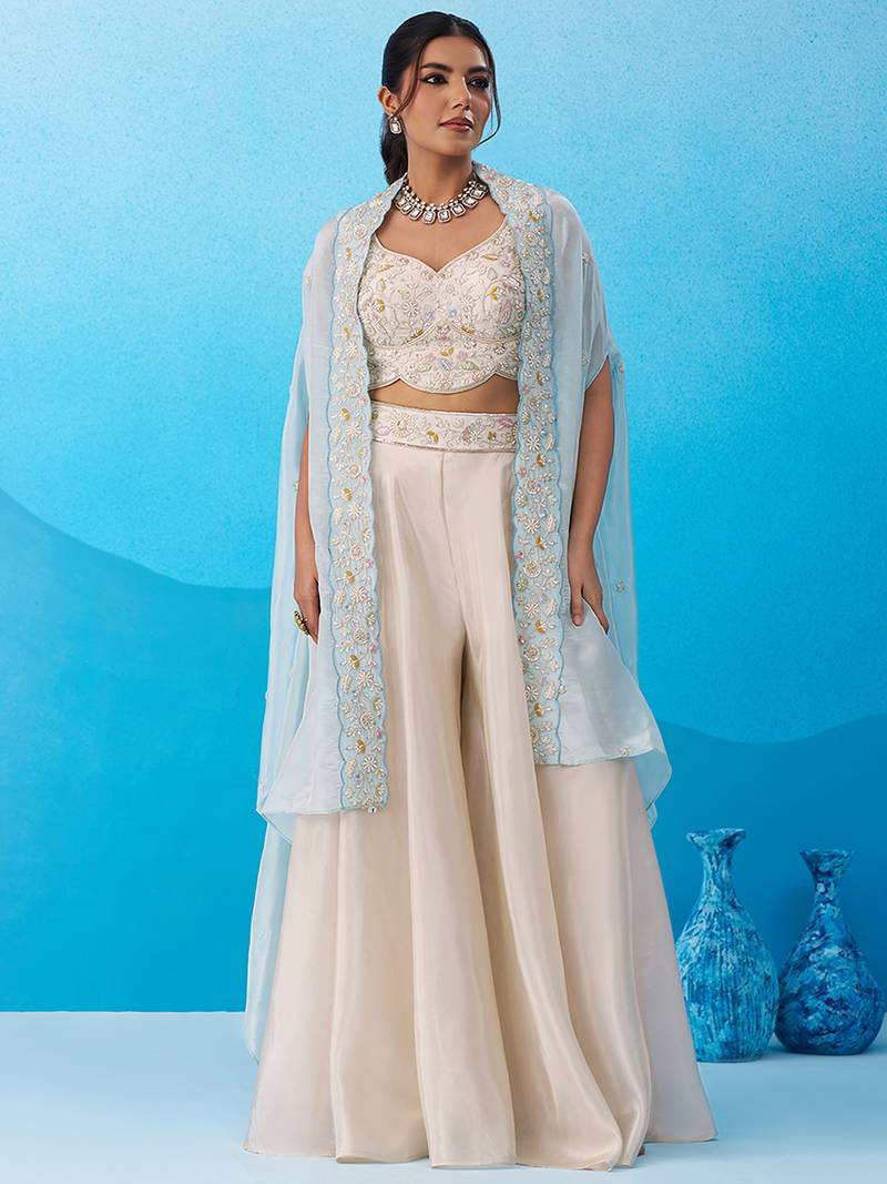 Cream viscoce beads embroidered crop top with flared cape & palazzo set