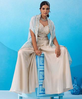 Cream viscoce beads embroidered crop top with flared cape & palazzo set 2