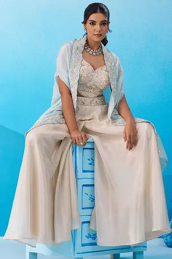 Cream viscoce beads embroidered crop top with flared cape & palazzo set